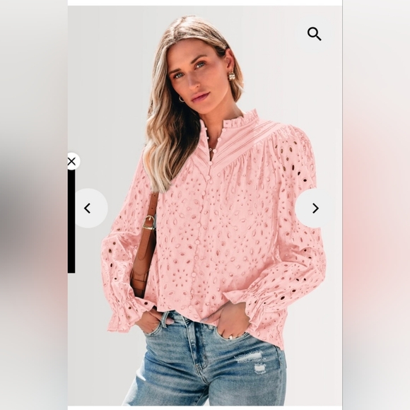 Pink Romantic Boho Puff Long Sleeve Button Up Blouse With Lace Eyelet Details - Picture 2 of 11